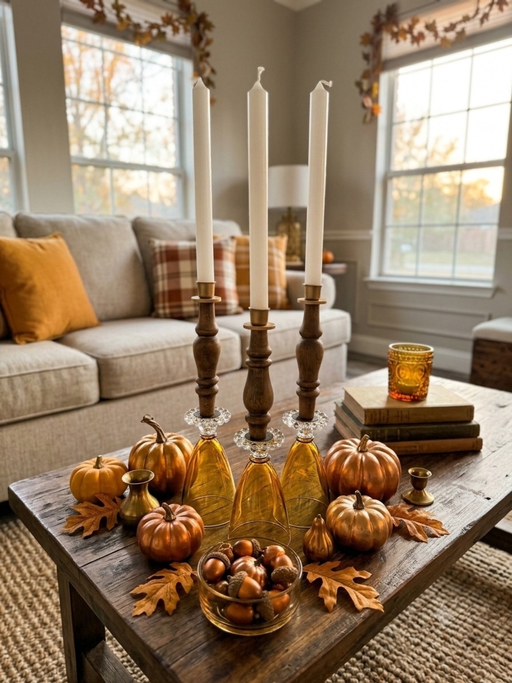 Set of 3 Wood Taper Candle Holders Amber Glass Bases Gold Metal Cups 12in